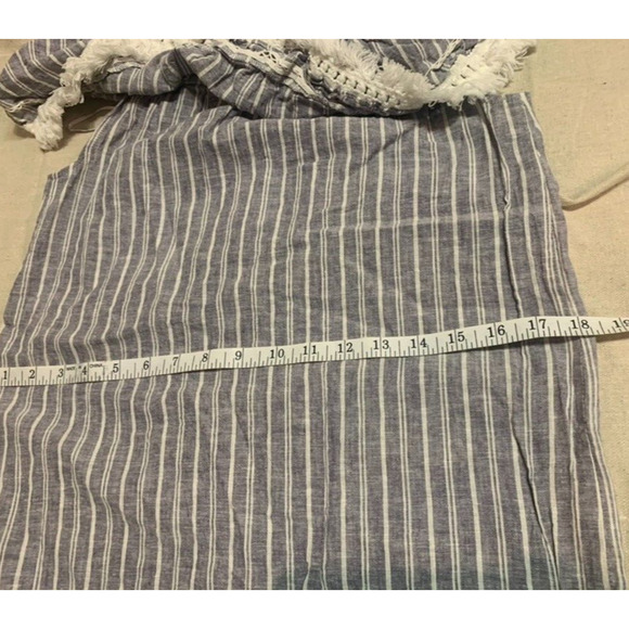 1. State Boho Womens Blouse Extra-Small Cotton Linen Fringe Blue White Striped - Picture 8 of 9